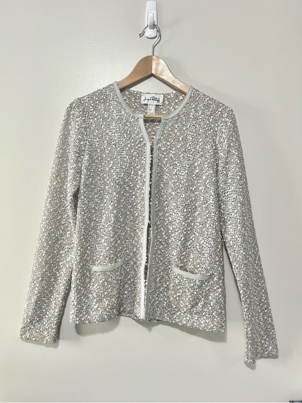 Joseph Ribkoff Knit Jacket Size 4 Silver Gold Textured Sequin Preppy Chic Jacket